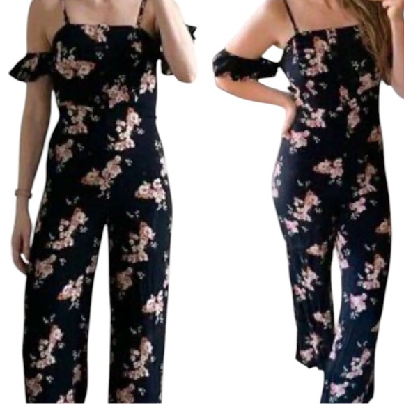 Black pink white floral off shoulder jumpsuit size small - Picture 1 of 6